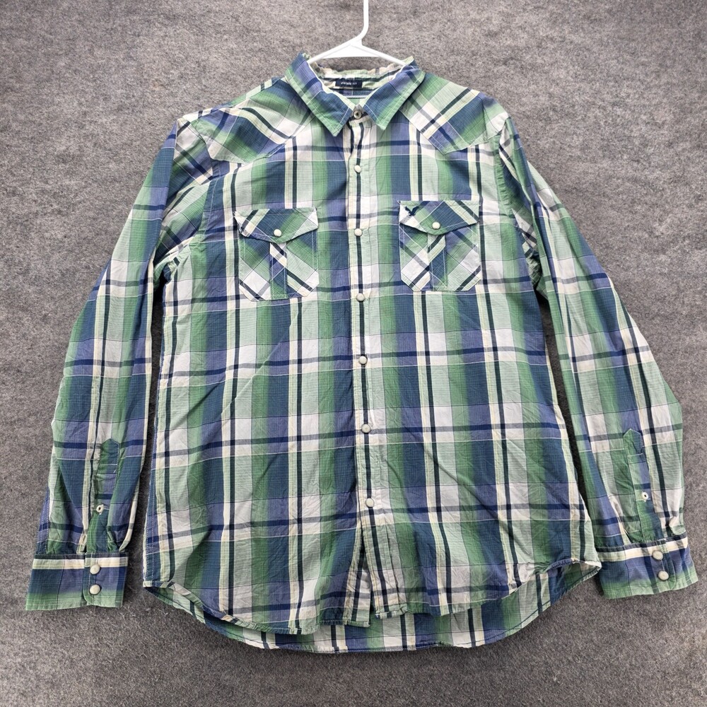 American Eagle Shirt Mens XL Pearl Snap Blue Green Plaid